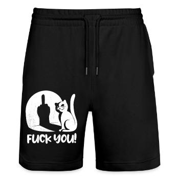 Fuck you Katze Mittelfinger Spruch - Stanley/Stella Unisex Bio Joggingshorts Trainer  - Schwarz - Vorne - Nik (191cm) & Marisol (170cm)