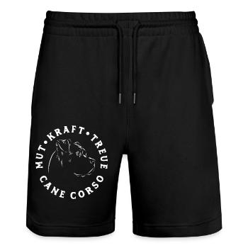 Mut Kraft Treue, Cane Corso - Hunde Fan - Stanley/Stella Unisex Bio Joggingshorts Trainer  - Schwarz - Vorne - Nik (191cm) & Marisol (170cm)