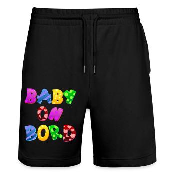 Baby on Board Parent, Child, Gift - Stanley/Stella Trainer Unisex Organic Jogging Shorts - black - Front - Nik (191cm) & Marisol (170cm)