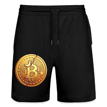Cracked Bitcoin Coin Design - Stanley/Stella Trainer Unisex Organic Jogging Shorts - black - Front - Nik (191cm) & Marisol (170cm)