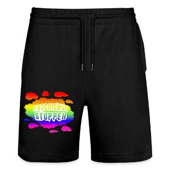 AfD stoppen gegen rechts Demokratie Vielfalt links - Stanley/Stella Unisex Bio Joggingshorts Trainer  - Schwarz - Vorne - Nik (191cm) & Marisol (170cm)