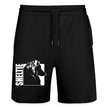 Sheltie Profil Hunde Hund Hütehunde Wilsigns - Stanley/Stella Unisex Bio Joggingshorts Trainer  - Schwarz - Vorne - Nik (191cm) & Marisol (170cm)