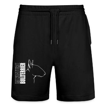 Miniature Bull Terrier Profile Dog Dogs Wilsigns - Stanley/Stella Trainer Unisex Organic Jogging Shorts - black - Front - Nik (191cm) & Marisol (170cm)