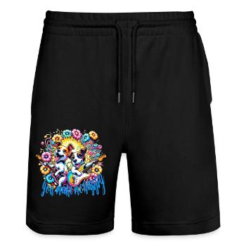 You make me happy - Stanley/Stella Trainer Unisex Organic Jogging Shorts - black - Front - Nik (191cm) & Marisol (170cm)