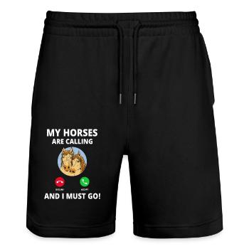 My Horses Call Call Funny Horse Sayings - Stanley/Stella Trainer Unisex Organic Jogging Shorts - black - Front - Nik (191cm) & Marisol (170cm)