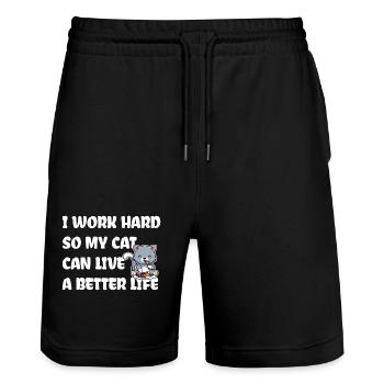 I work hard for my cat - Stanley/Stella Trainer Unisex Organic Jogging Shorts - black - Front - Nik (191cm) & Marisol (170cm)