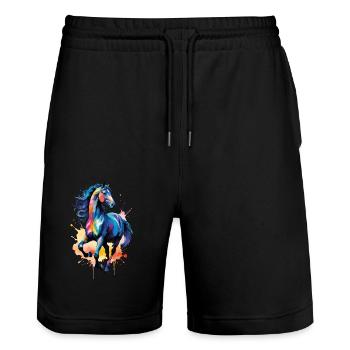 Pferd Motiv Pferdemotiv Aquarell Wasserfarben - Stanley/Stella Unisex Bio Joggingshorts Trainer  - Schwarz - Vorne - Nik (191cm) & Marisol (170cm)