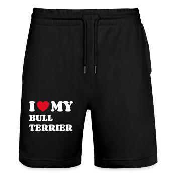 I Love My Bull Terrier Bullterrier Hundebesitzer - Stanley/Stella Unisex Bio Joggingshorts Trainer  - Schwarz - Vorne - Nik (191cm) & Marisol (170cm)