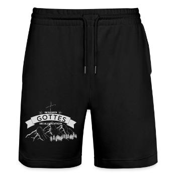 1 August- im Namen Gottes - Stanley/Stella Unisex Bio Joggingshorts Trainer  - Schwarz - Vorne - Nik (191cm) & Marisol (170cm)
