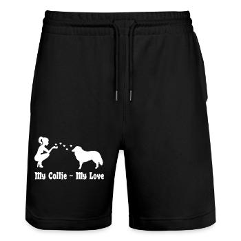Collie mit Frau - Stanley/Stella Unisex Bio Joggingshorts Trainer  - Schwarz - Vorne - Nik (191cm) & Marisol (170cm)