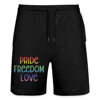 LGBT Pride Month - Peace. Freedom. Love. - Stanley/Stella Trainer Unisex Organic Jogging Shorts - black - Front - Nik (191cm) & Marisol (170cm)