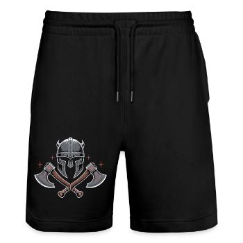 Viking Bard Style Helmet and Axes Design - Stanley/Stella Trainer Unisex Organic Jogging Shorts - black - Front - Nik (191cm) & Marisol (170cm)