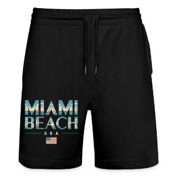 Miami Beach Palmen Stadt Reisedesign - Stanley/Stella Unisex Bio Joggingshorts Trainer  - Schwarz - Vorne - Nik (191cm) & Marisol (170cm)