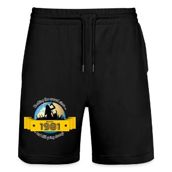 44. Birthday Rocking the crowd since 11/1981 - Stanley/Stella Trainer Unisex Organic Jogging Shorts - black - Front - Nik (191cm) & Marisol (170cm)