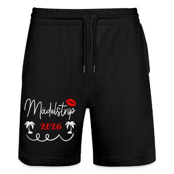 Mädelstrip 2026 Girls Trip Mädelstour Mädlstrip - Stanley/Stella Unisex Bio Joggingshorts Trainer  - Schwarz - Vorne - Nik (191cm) & Marisol (170cm)