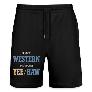 Lustiges Pronomen Yee Haw T-shirt Cowboy Humor - Stanley/Stella Unisex Bio Joggingshorts Trainer  - Schwarz - Vorne - Nik (191cm) & Marisol (170cm)