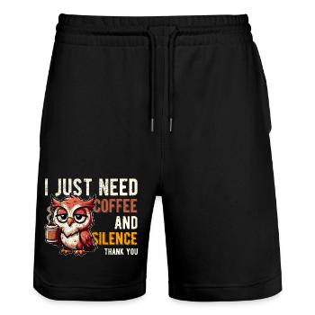 Ich brauche nur Kaffee und Stille, lustige Eule - Stanley/Stella Unisex Bio Joggingshorts Trainer  - Schwarz - Vorne - Nik (191cm) & Marisol (170cm)