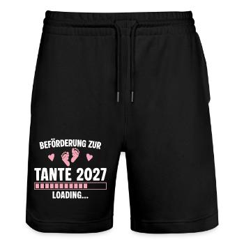 Beförderung zur Tante 2027 – Loading Baby - Stanley/Stella Unisex Bio Joggingshorts Trainer  - Schwarz - Vorne - Nik (191cm) & Marisol (170cm)