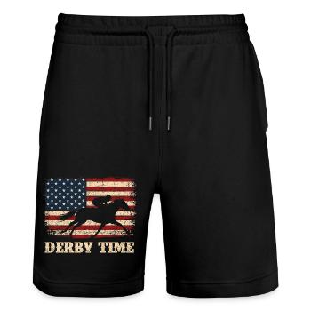 Vollblut-Pferderenn-Derby-Rennbahn-Fan - Stanley/Stella Unisex Bio Joggingshorts Trainer  - Schwarz - Vorne - Nik (191cm) & Marisol (170cm)
