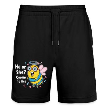 Gender Reveal Baby Shower He Or She Cousin To Bee - Stanley/Stella Trainer Unisex Organic Jogging Shorts - black - Front - Nik (191cm) & Marisol (170cm)