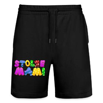 Baby Eltern Kind Geschenk Sprüche Geburt Mama Papa - Stanley/Stella Unisex Bio Joggingshorts Trainer  - Schwarz - Vorne - Nik (191cm) & Marisol (170cm)