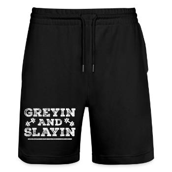 Greyin And Slayin - Funny Workout Gym - Short de jogging bio TRAINER Stanley/Stella unisexe - noir - Devant - Nik (191cm) & Marisol (170cm)
