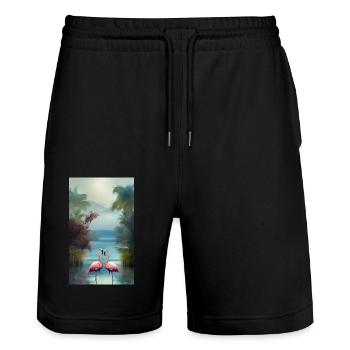 Flamants roses dans un lac au coucher du soleil avec un ciel rose frais - Short de jogging bio TRAINER Stanley/Stella unisexe - noir - Devant - Nik (191cm) & Marisol (170cm)