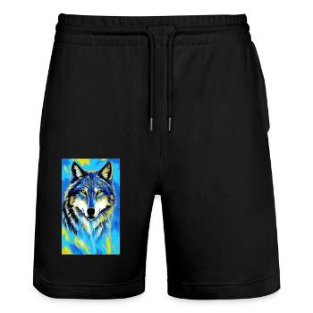 Loup | Prédateur | Chien | Mystique - Short de jogging bio TRAINER Stanley/Stella unisexe - noir - Devant - Nik (191cm) & Marisol (170cm)