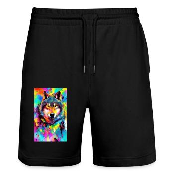 Loup | Prédateur | Chien | Mystique - Short de jogging bio TRAINER Stanley/Stella unisexe - noir - Devant - Nik (191cm) & Marisol (170cm)