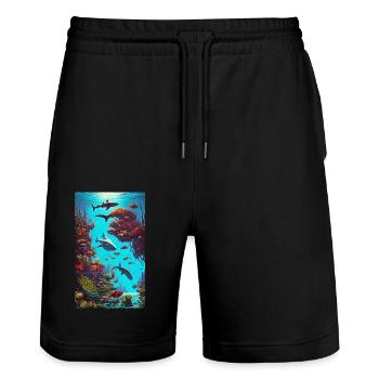 Cadeau, Idée cadeau, Requin, Poisson prédateur, Grand Requin blanc - Short de jogging bio TRAINER Stanley/Stella unisexe - noir - Devant - Nik (191cm) & Marisol (170cm)