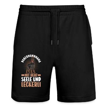 Dobermannmama Hundemama Hund Dobermann - Stanley/Stella Unisex Bio Joggingshorts Trainer  - Schwarz - Vorne - Nik (191cm) & Marisol (170cm)