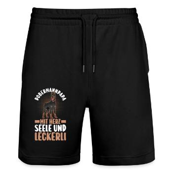 Dobermannpapa Hundepapa Hund Dobermann - Stanley/Stella Unisex Bio Joggingshorts Trainer  - Schwarz - Vorne - Nik (191cm) & Marisol (170cm)