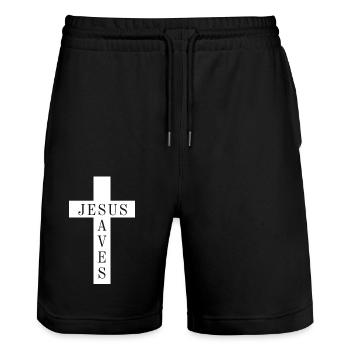 Cross with the phrase Jesus Saves - Stanley/Stella Trainer Unisex Organic Jogging Shorts - black - Front - Nik (191cm) & Marisol (170cm)
