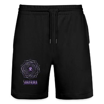 Mandala Om Sahasrara Violet Design - Short de jogging bio TRAINER Stanley/Stella unisexe - noir - Devant - Nik (191cm) & Marisol (170cm)