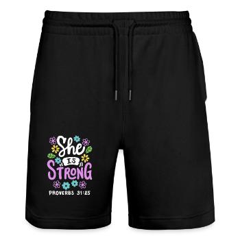 Christlich Glaube Bibelvers - Stanley/Stella Unisex Bio Joggingshorts Trainer  - Schwarz - Vorne - Nik (191cm) & Marisol (170cm)