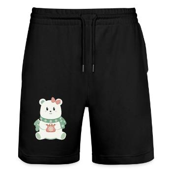 Polar bear with bow - Stanley/Stella Trainer Unisex Organic Jogging Shorts - black - Front - Nik (191cm) & Marisol (170cm)