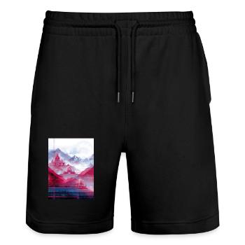 Psy-Art - Tempel über Berglandschaft - Stanley/Stella Unisex Bio Joggingshorts Trainer  - Schwarz - Vorne - Nik (191cm) & Marisol (170cm)