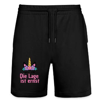 LAGE IST ERNST, COOLES EINHORN! LUSTIGER SPRUCH - Stanley/Stella Unisex Bio Joggingshorts Trainer  - Schwarz - Vorne - Nik (191cm) & Marisol (170cm)
