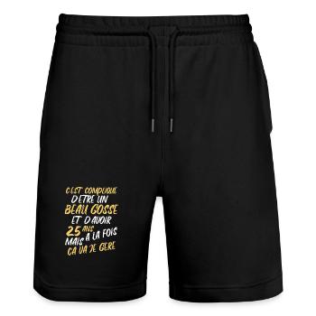Cadeau D'anniversaire Beau gosse et d'avoir 25 ans - Short de jogging bio TRAINER Stanley/Stella unisexe - noir - Devant - Nik (191cm) & Marisol (170cm)