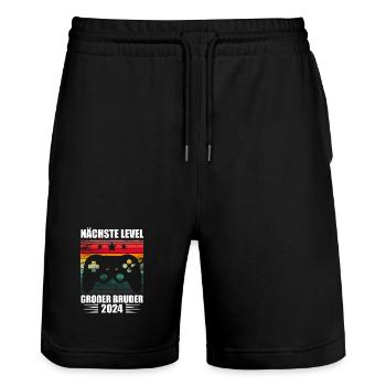 Nächste Level Großer Bruder 2024 - Stanley/Stella Unisex Bio Joggingshorts Trainer  - Schwarz - Vorne - Nik (191cm) & Marisol (170cm)