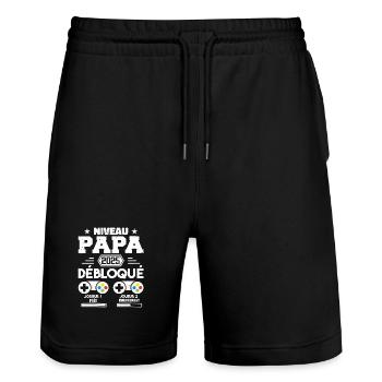 Niveau Papa Débloqué Futur Père 2025 Papa Cadeau - Short de jogging bio TRAINER Stanley/Stella unisexe - noir - Devant - Nik (191cm) & Marisol (170cm)