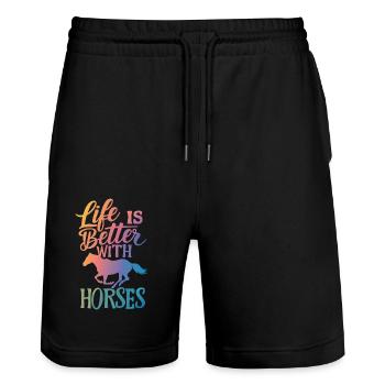 Pferd Pferde Reiten Pferdereiten Sprungreiten - Stanley/Stella Unisex Bio Joggingshorts Trainer  - Schwarz - Vorne - Nik (191cm) & Marisol (170cm)