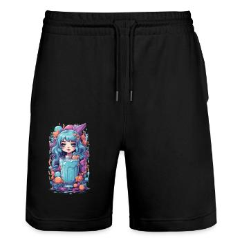 Gothic Kawaii Anime Milkshake Girl Candy - Stanley/Stella Trainer Unisex Organic Jogging Shorts - black - Front - Nik (191cm) & Marisol (170cm)