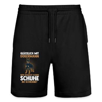 Hund Dobermann - Stanley/Stella Unisex Bio Joggingshorts Trainer  - Schwarz - Vorne - Nik (191cm) & Marisol (170cm)