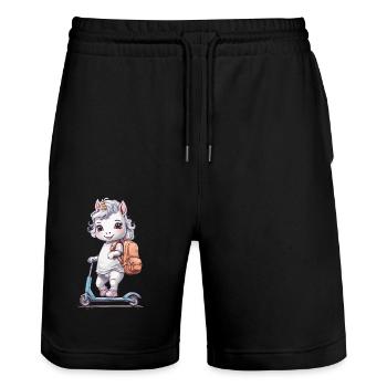 Unicorn Student Schoolchild with Scooter School Design - Stanley/Stella Trainer Unisex Organic Jogging Shorts - black - Front - Nik (191cm) & Marisol (170cm)