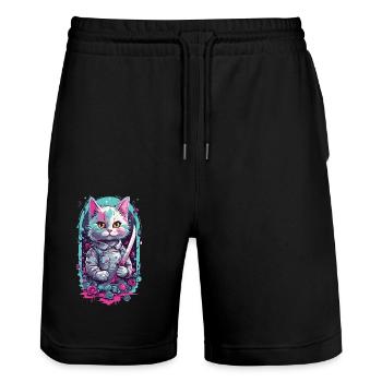 Kawaii Goth Katze mit Katana Krieger Katzen - Stanley/Stella Unisex Bio Joggingshorts Trainer  - Schwarz - Vorne - Nik (191cm) & Marisol (170cm)