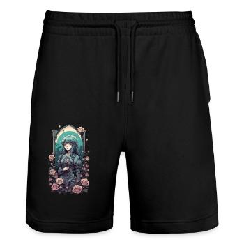 Gothique Anime Kawaii Fille avec Roses Design - Short de jogging bio TRAINER Stanley/Stella unisexe - noir - Devant - Nik (191cm) & Marisol (170cm)