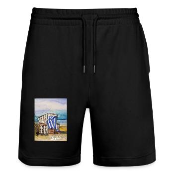 Vacances au rez-de-chaussée I Mer du Nord I Sylt I Chaise de plage I Mer - Short de jogging bio TRAINER Stanley/Stella unisexe - noir - Devant - Nik (191cm) & Marisol (170cm)