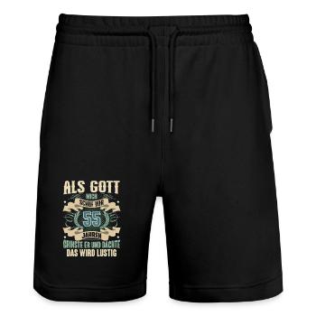 55. Geburtstag Als Gott Mich Schuf Vor - Stanley/Stella Unisex Bio Joggingshorts Trainer  - Schwarz - Vorne - Nik (191cm) & Marisol (170cm)