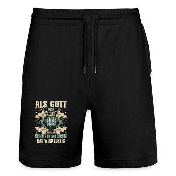 19. Geburtstag Als Gott Mich Schuf Vor - Stanley/Stella Unisex Bio Joggingshorts Trainer  - Schwarz - Vorne - Nik (191cm) & Marisol (170cm)